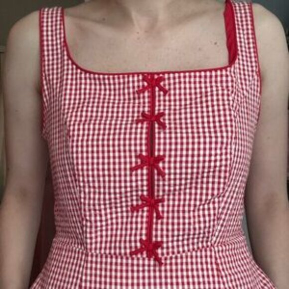 Rachel Zoe red white Gingham Doen La Maddalena midi bow cotton dress size 6 - Picture 2 of 7